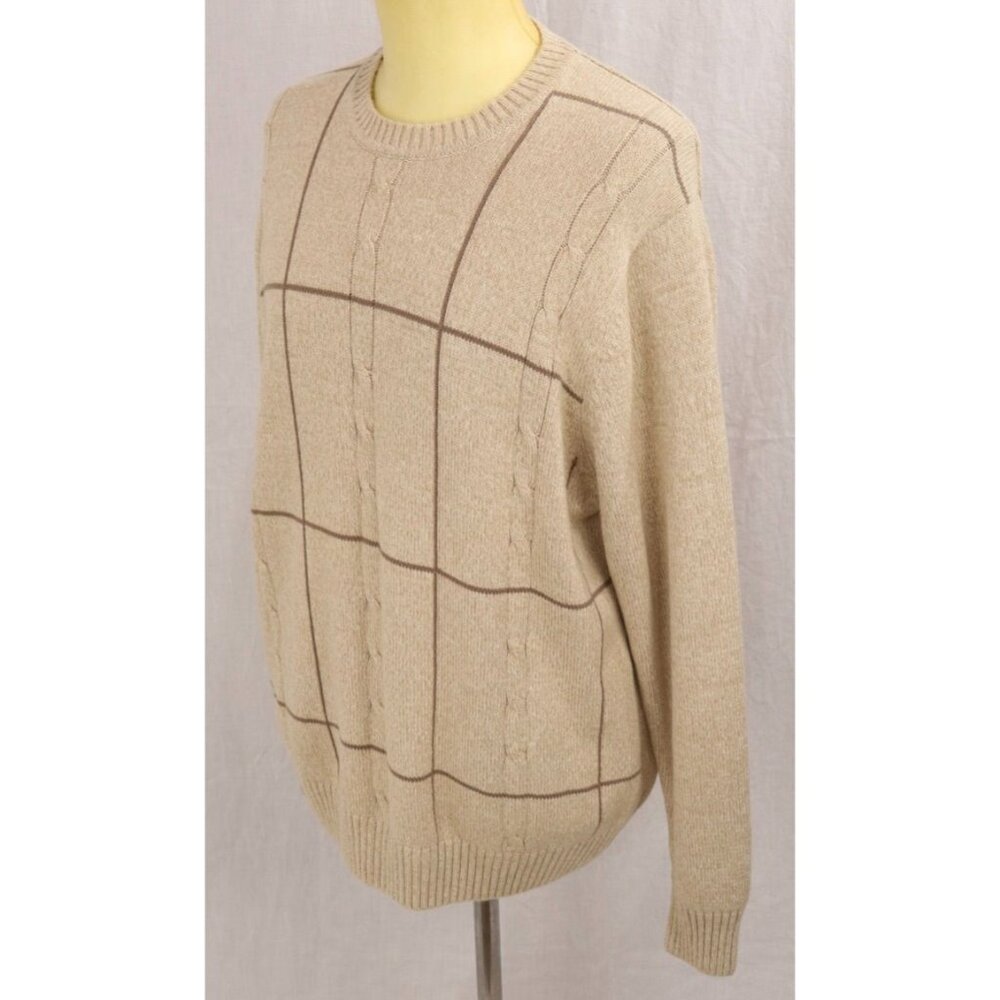 Dockers Men's Beige Sweater L Cable Knit Pullover Brown Striped Box Pattern VTG - Picture 2 of 12